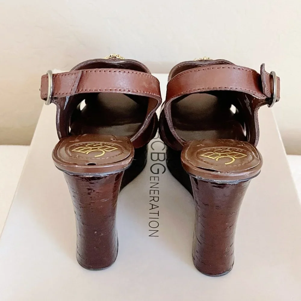 New BCBGeneration Sandals Drama Brown Turquoise Bead Stone Platform Wedge Sz 6 - Picture 11 of 13